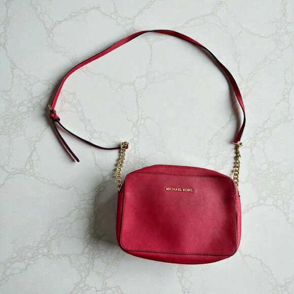 MICHAEL KORS  Red Saffiano Leather Gold Chain Crossbody Bag - Picture 1 of 13